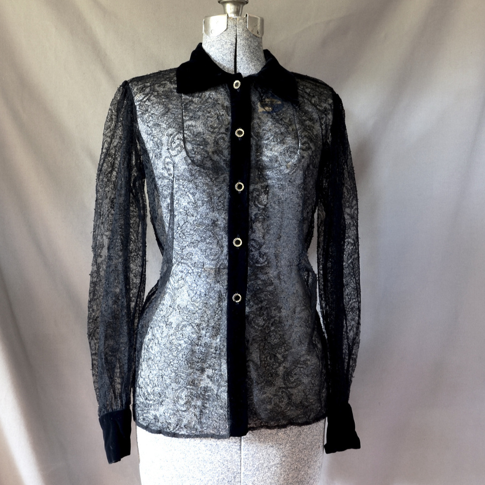 Vintage 90s YSL Sheer Black Chantilly Lace Blouse